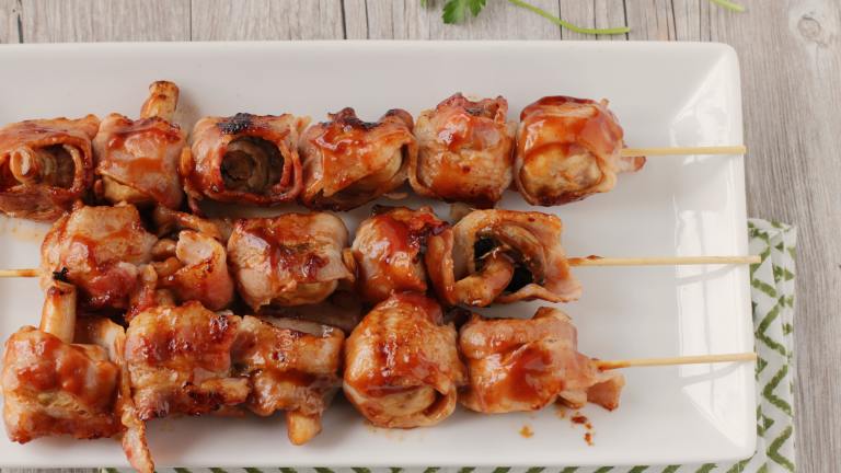 Bacon Wrapped Mushroom Kabobs / Kebabs Created by DeliciousAsItLooks