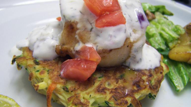 Seared Scallops With Zucchini and Carrot Cakes created by CarolAT