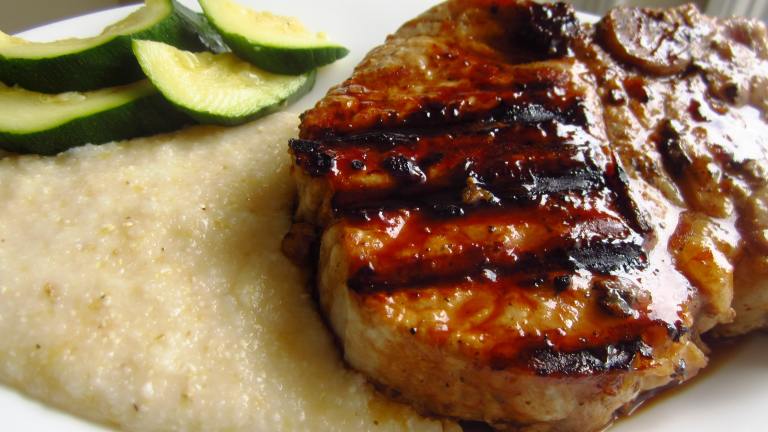 Grilled Maple Chipotle Pork Chops on Smoked Gouda Grits Created by gailanng