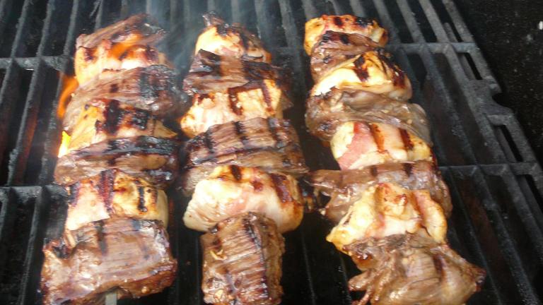 Best Ever  Skirt Steak and Bacon Wrapped Chicken Kabobs Created by BLUE ROSE