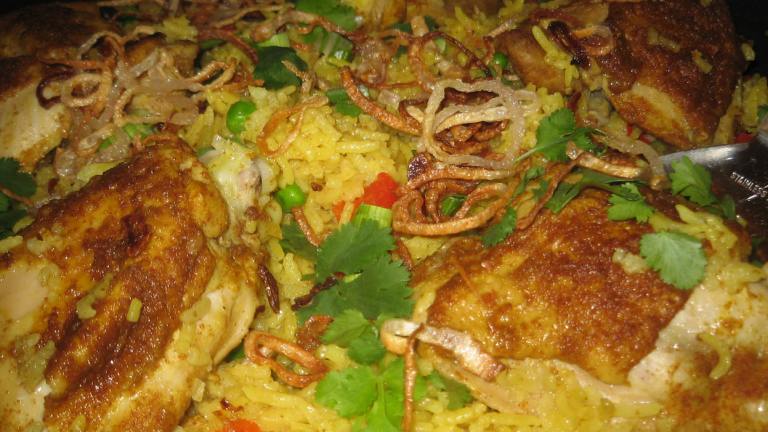 Thai Chicken With Crispy Shallots in Yellow Rice (Kao Moke Gai) Created by Saltygal