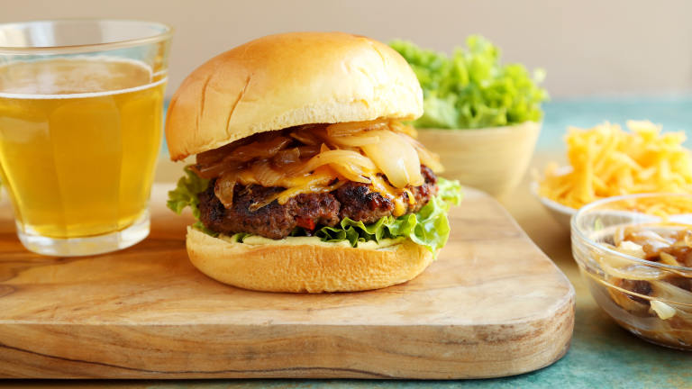 Canadian Burger With Beer-Braised Onions and Cheddar Created by Jonathan Melendez 
