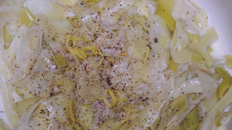 Chardonnay Poached Leeks and Creme Fraiche Dressing Created by Chef PotPie