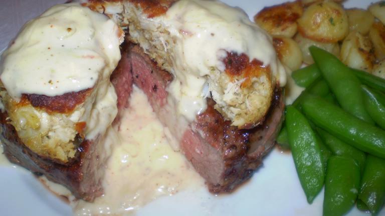 Grilled Beef Filet With Crab Cakes and Caramelized Onion Sauce Created by TasteTester