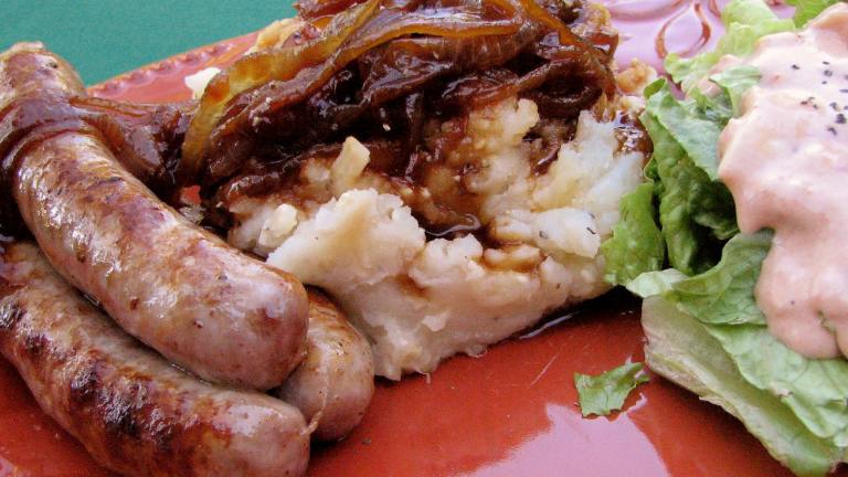 Sausages With Mashed Potatoes, Beer and Onion Gravy and Mustard Created by lazyme