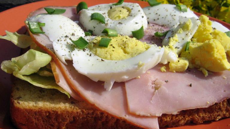 Open-Faced Sandwich Ham and Boiled Egg With Chives Created by Leslie