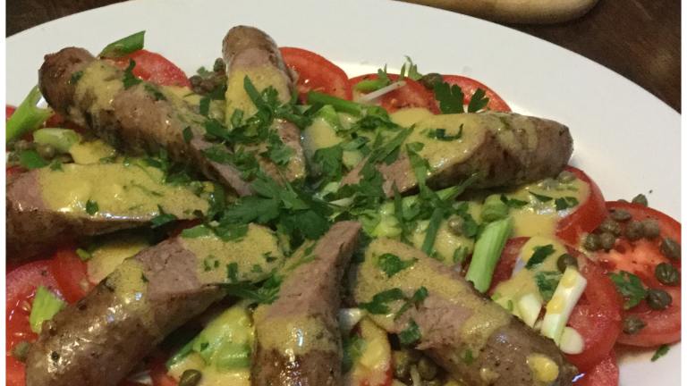Hot Toulouse Sausages With a Tomato, Caper and Shallot Salad created by dianne