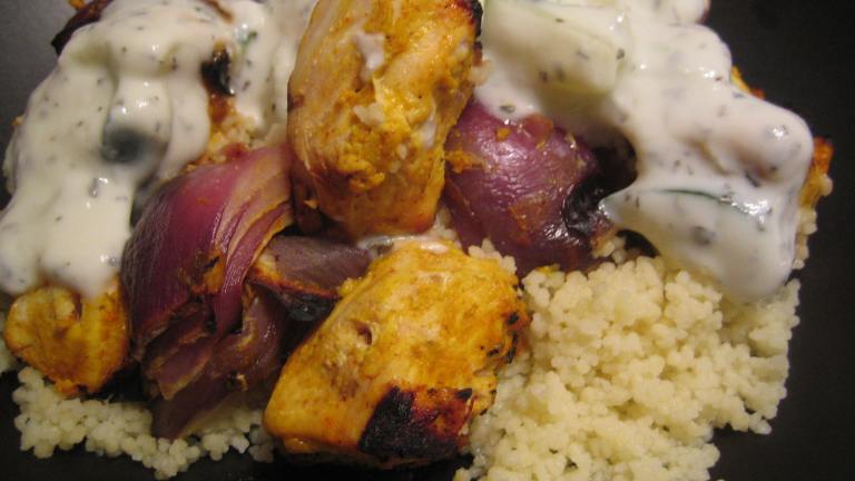Grilled Tandoori Chicken and Red Onion Skewers With Couscous created by pattikay in L.A.