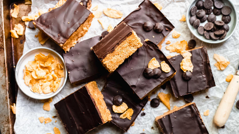 No-Bake Chocolate, Peanut Butter, Corn Flake Bars created by Amanda Gryphon