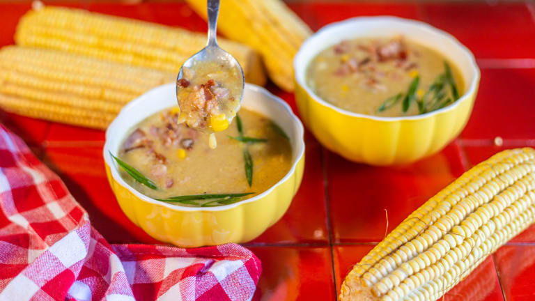 Summer Corn Chowder With Scallions Bacon & Potatoes Created by LimeandSpoon