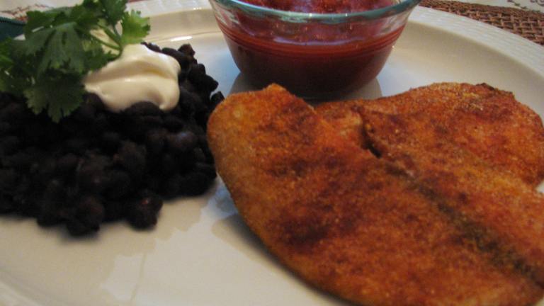 Cornmeal-Crusted Tilapia With Black Beans and Salsa Created by KerfuffleUponWincle