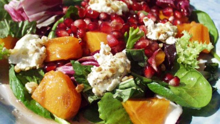 Pomegranate Persimmon Salad With Warm Goat Cheese Created by Maito