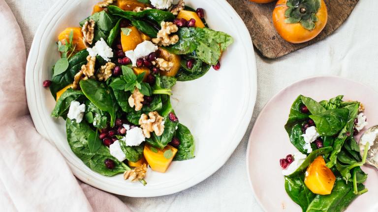 Pomegranate Persimmon Salad With Warm Goat Cheese Created by Izy Hossack