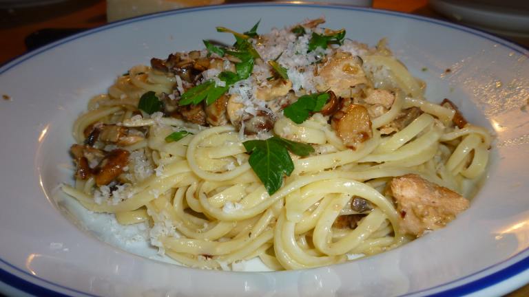 Green and White Linguini With Smoked Salmon and Mushroom Sauce created by Mrs Goodall