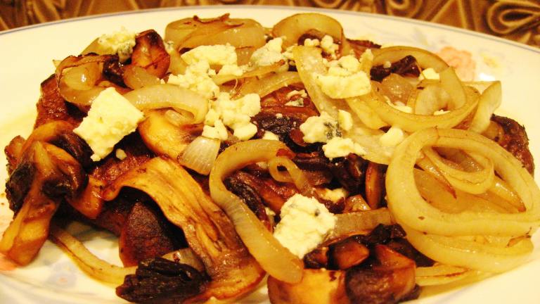 Grilled Marinated Steaks With Mushrooms and Blue Cheese Created by gailanng