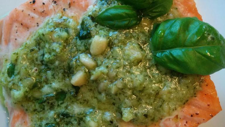 Salmon with Pistachio Basil Butter Created by emcquaid