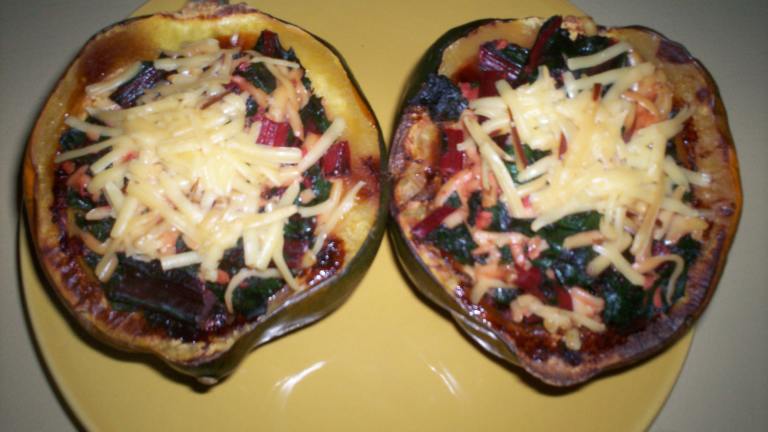 Garlic-Chard Stuffed Acorn Squash With Gruyere Cheese created by Debbwl