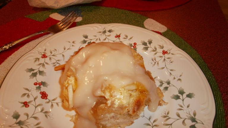 Layered Almond-Cream Cheese Bread Pudding With Amaretto Cream Sa created by CIndytc