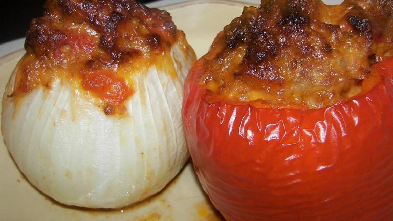 Spicy Sausage Stuffed Onions Created by Baby Kato