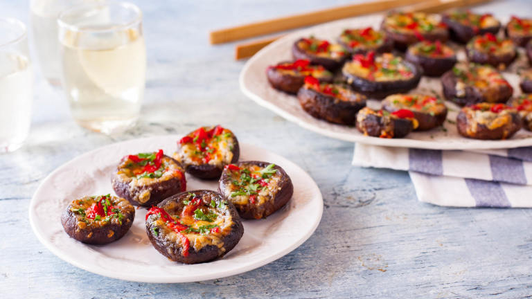 Stuffed Mushrooms With Roasted Red Peppers and Manchego Cheese Created by DianaEatingRichly