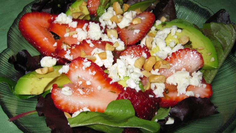 Avocado Strawberry Salad With Feta and Walnuts in a Tarragon Vin Created by threeovens