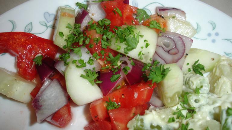 Cucumber, Tomato and Red Onion Salad created by BakinBaby