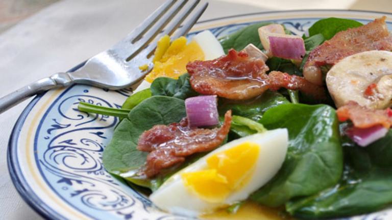 Wilted Spinach and Avocado Salad With Warm Bacon Dressing Created by Andi Longmeadow Farm