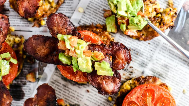 Corn Fritters With Crispy Bacon, Roasted Tomatoes & Avocado Created by Ashley Cuoco