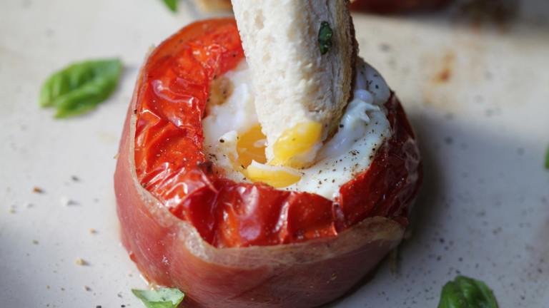 Eggs Baked in Tomatoes With Prosciutto & Basil Created by Swirling F.
