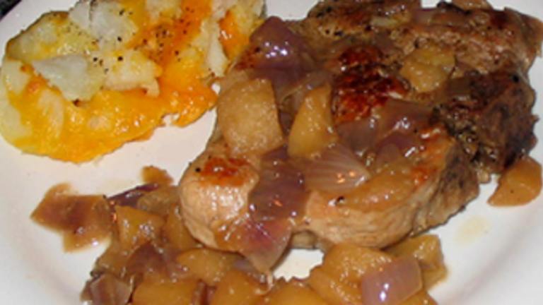 Pork Chops With Apples, Onions and Cheesy Baked Potatoes Created by The Experimental Co