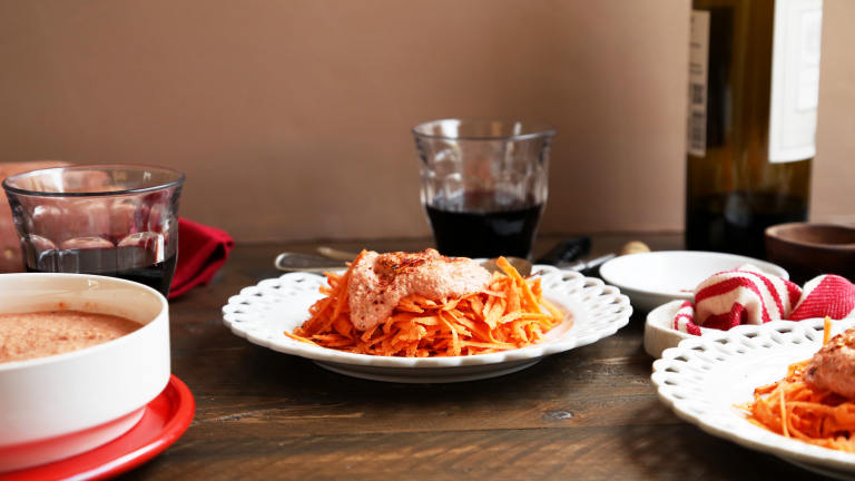 Sweet Potato "pasta" With Tangy Marinara: a Raw Food R Created by Jonathan Melendez 