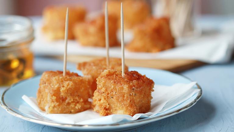 Honey Glazed Fried Manchego Cheese Created by Swirling F.