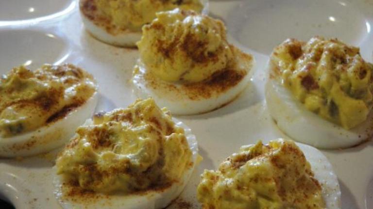 Jalapeno Bacon Deviled Eggs Created by Muffin Goddess