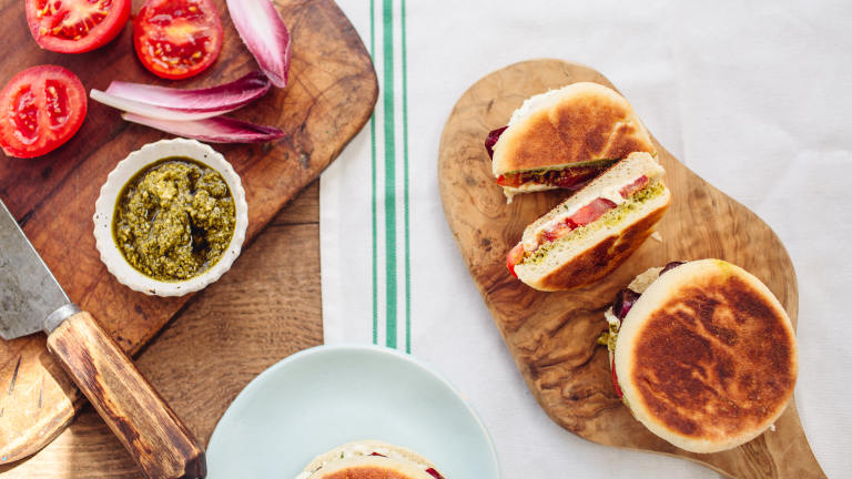 English Muffin Panini With Goat Cheese and Tomato Created by Izy Hossack