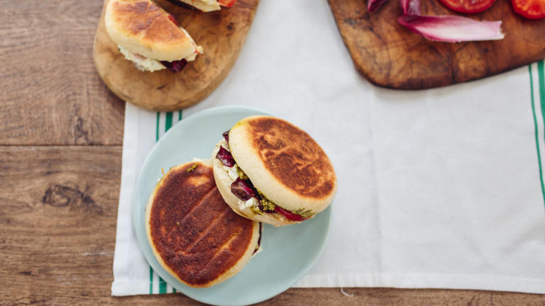 English Muffin Panini With Goat Cheese and Tomato Created by Izy Hossack
