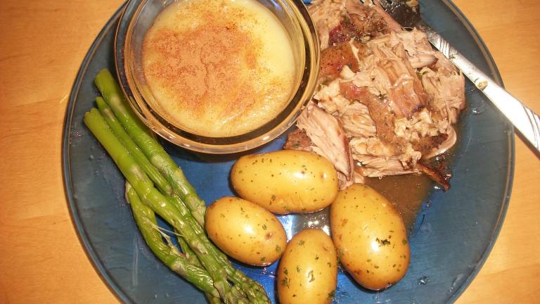 Oven Pork Roast With Applesauce, Baby Potatoes, Gravy and Aspara created by ElizabethKnicely
