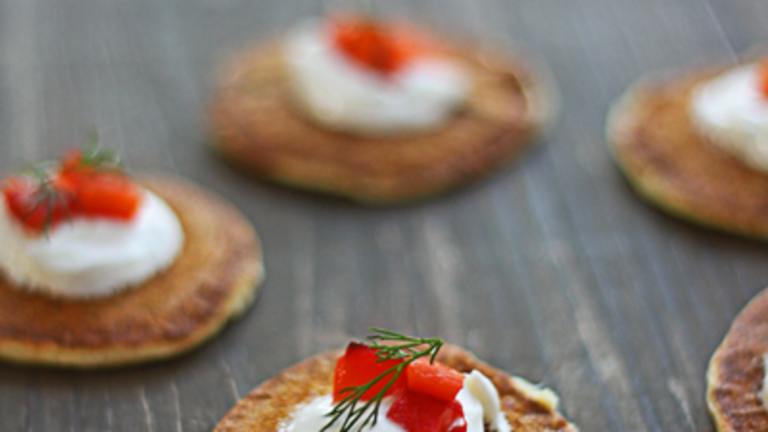 Green Onion Blinis With Red Pepper Relish and Goat Cheese created by KristyThe Wicked No