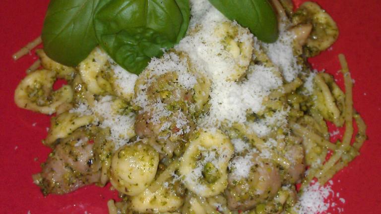 Orecchiette With Pesto, Broad Beans and Italian Sausage created by Satyne