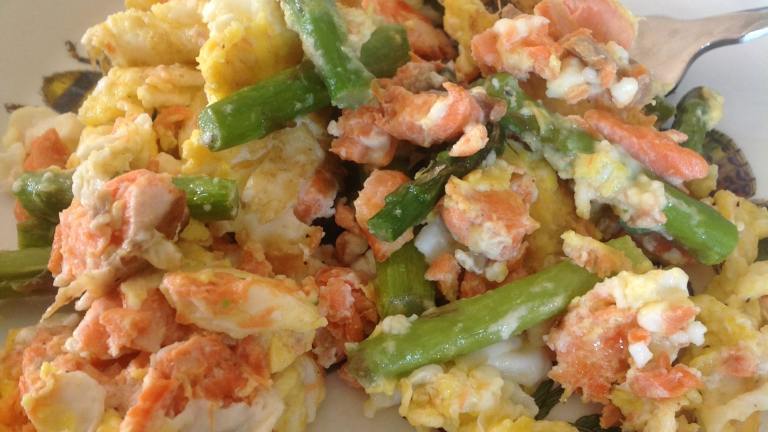 Scrambled Eggs With Smoked Salmon, Asparagus and Feta Cheese Created by Chef quotLittle Nan