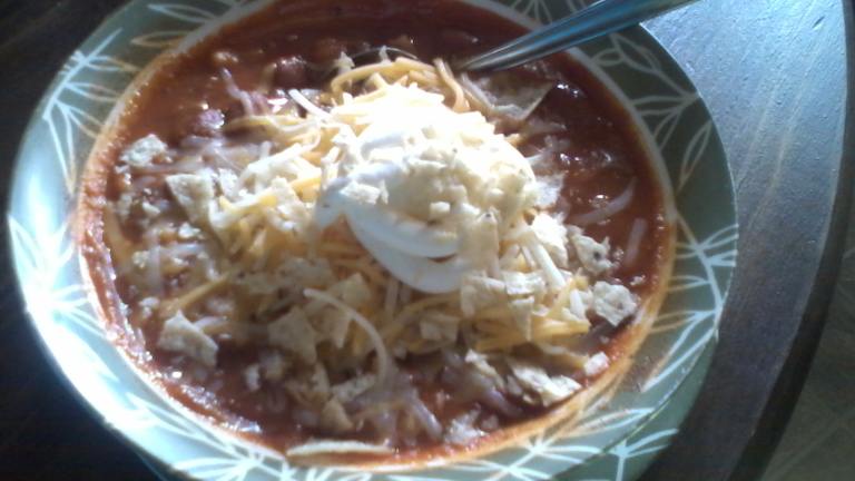 Vegetarian Chicken Chili With Crushed Tortilia Chips and Cheese Created by Cooking Ms. Wanda