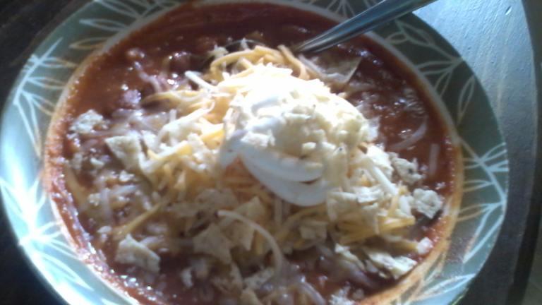 Vegetarian Chicken Chili With Crushed Tortilia Chips and Cheese created by Cooking Ms. Wanda