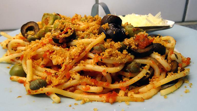Pasta With Tomatoes, Capers, Olives and Breadcrumbs Created by twissis