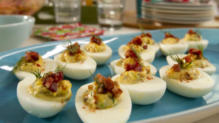 Deviled Eggs With Candied Bacon Created by Genius Kitchen