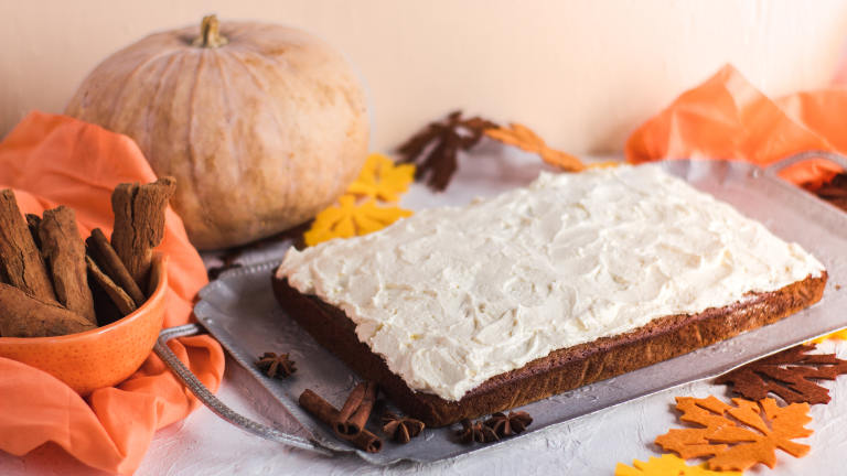 Pumpkin Sheet Cake W/ Cream Cheese Frosting Created by LimeandSpoon
