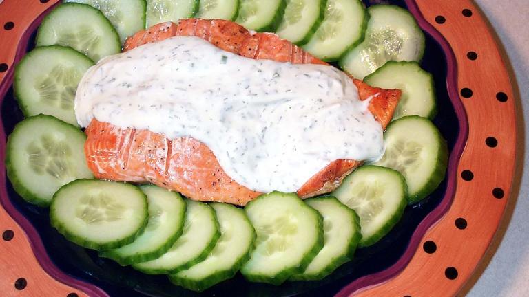 Grilled Salmon With Chive and Dill Sauce and Cucumbers Created by Lorac