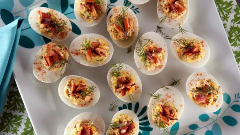 Deviled Eggs With Candied Bacon Created by Genius Kitchen