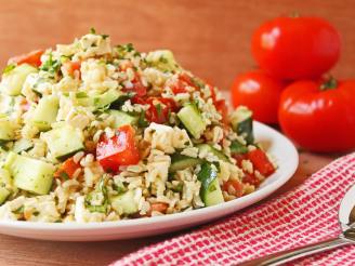 Tomato Basil Cucumber Salad With Feta Cheese and Brown Rice