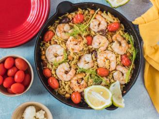 Baked Shrimp and Orzo With Chickpeas, Lemon, and Dill