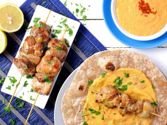 Quick Chicken Souvlakis With Roasted Pepper Hummus