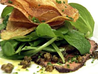 Beef Carpaccio With Potato Chips, Fried Capers and Lemon Aioli